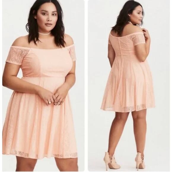 torrid Dresses & Skirts - Torrid Lace Off The Shoulder Mini Dress Short Sleeve Blush Pink Women's 16
